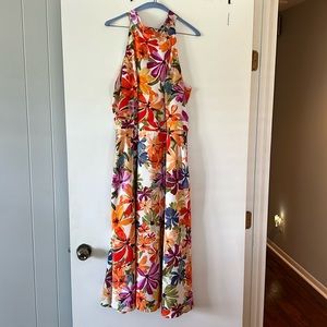 Tahari floral A line dress with tie back neck.